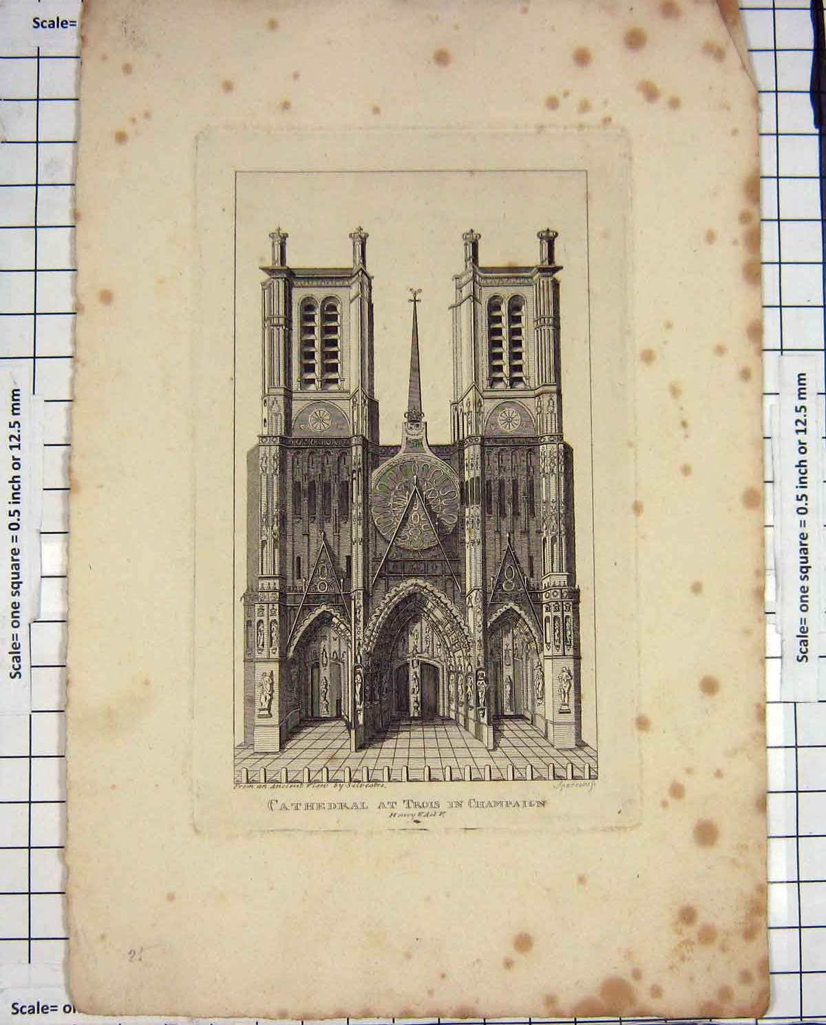 Original Old Antique Print Sparrow Engraving Cathedral Trois Champaign