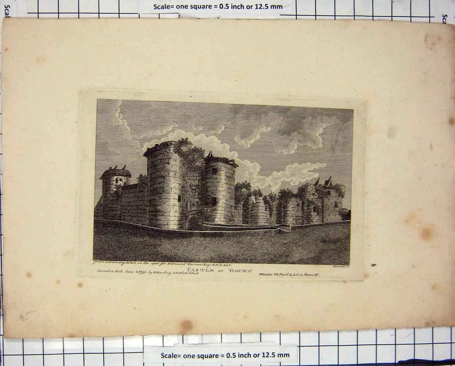 Original Old Antique Print 1790 Engraving View Castle Rouen France Harding 18th