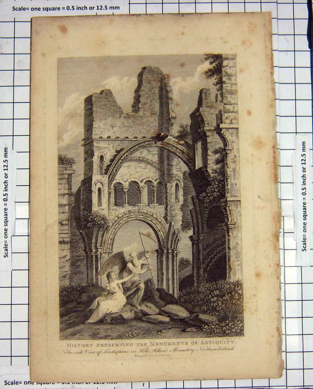 Original Old Antique Print Lindisfarne Holy Island Monastery Northumberland
