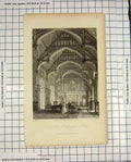 Original Old Antique Print Starling Engraving Interior Hall Beddington House