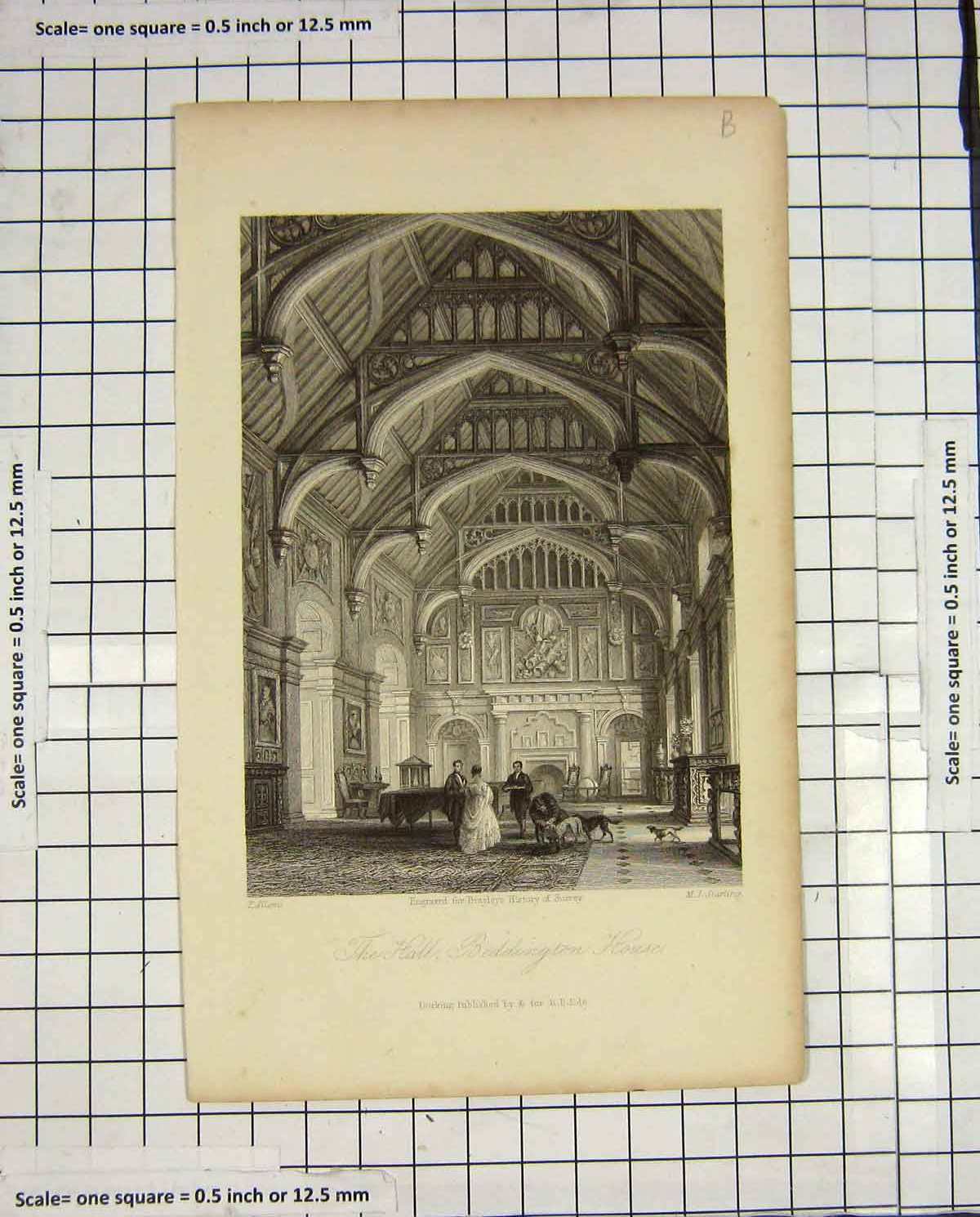 Original Old Antique Print Starling Engraving Interior Hall Beddington House