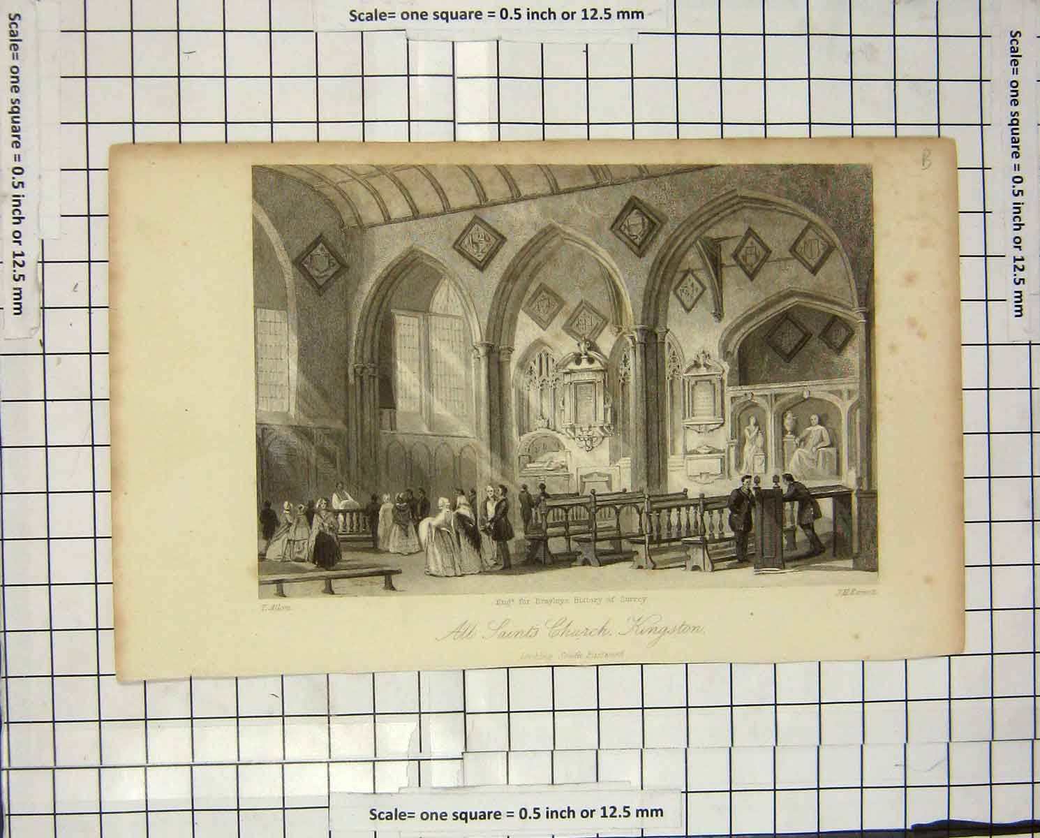 Original Old Antique Print Allom Engraving All Saints Church Kingston Brayleys
