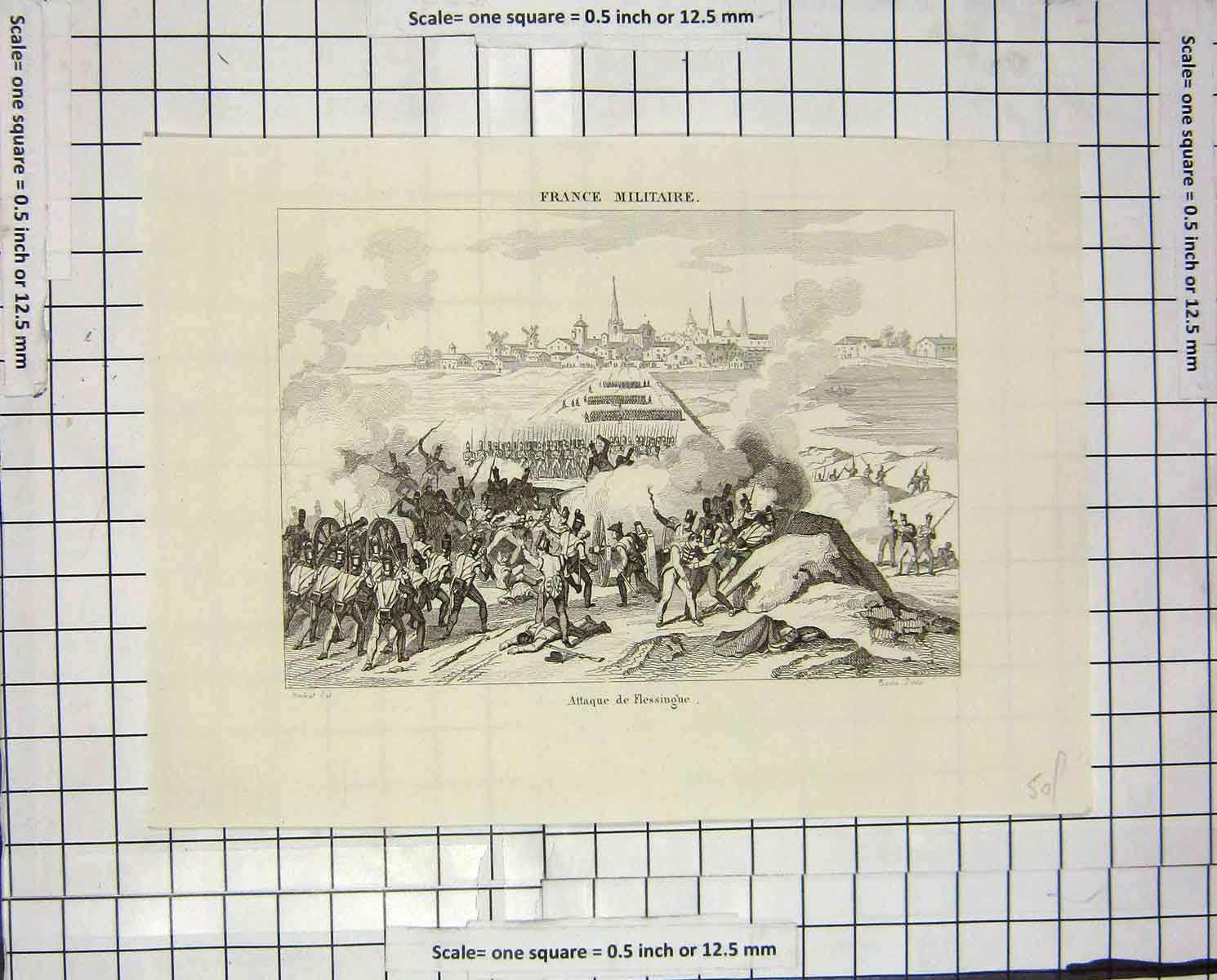 Original Old Antique Print Military France Scene Battle French Siers War