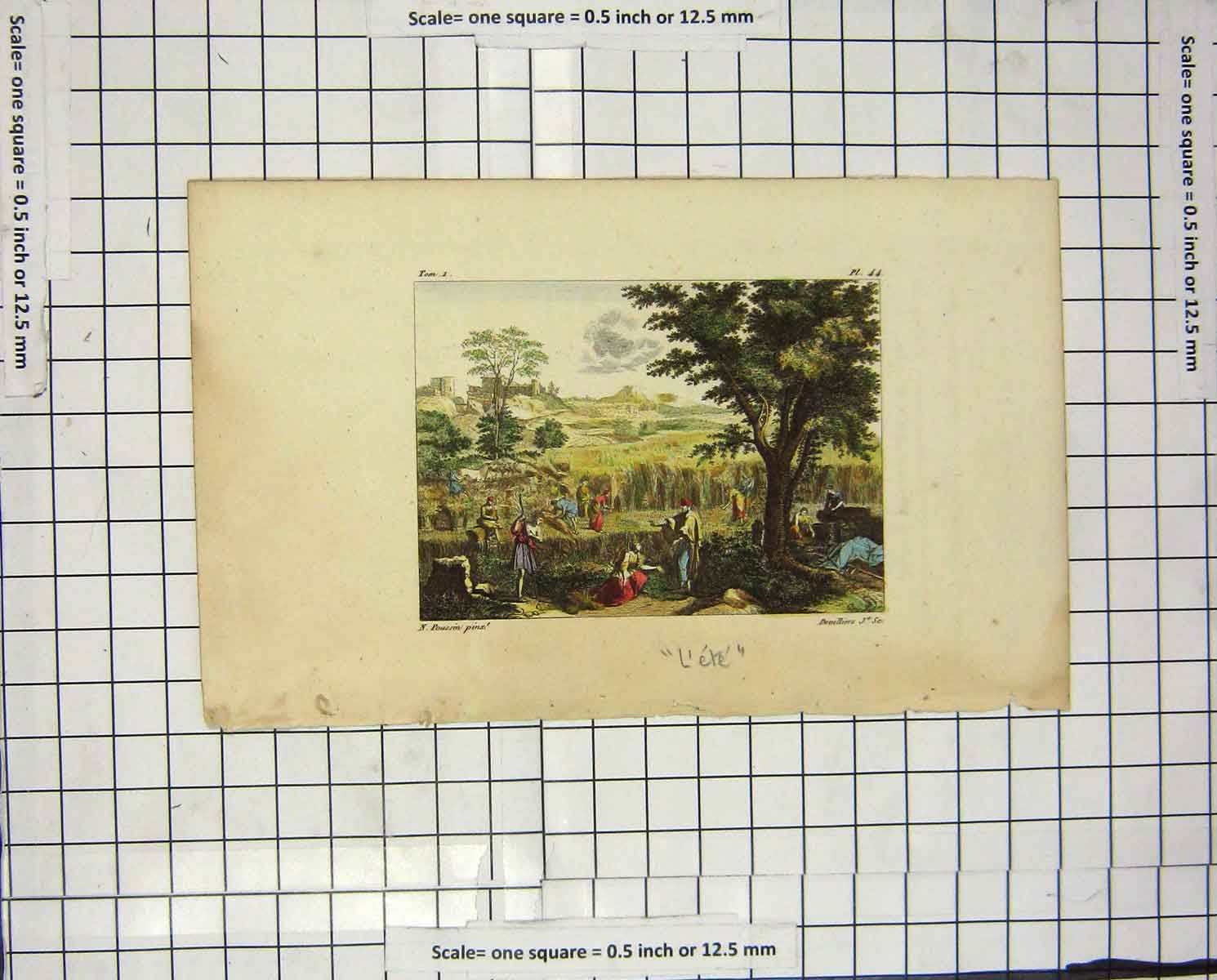 Original Old Antique Print Colour L'Ete People Trees Agriculture Farming