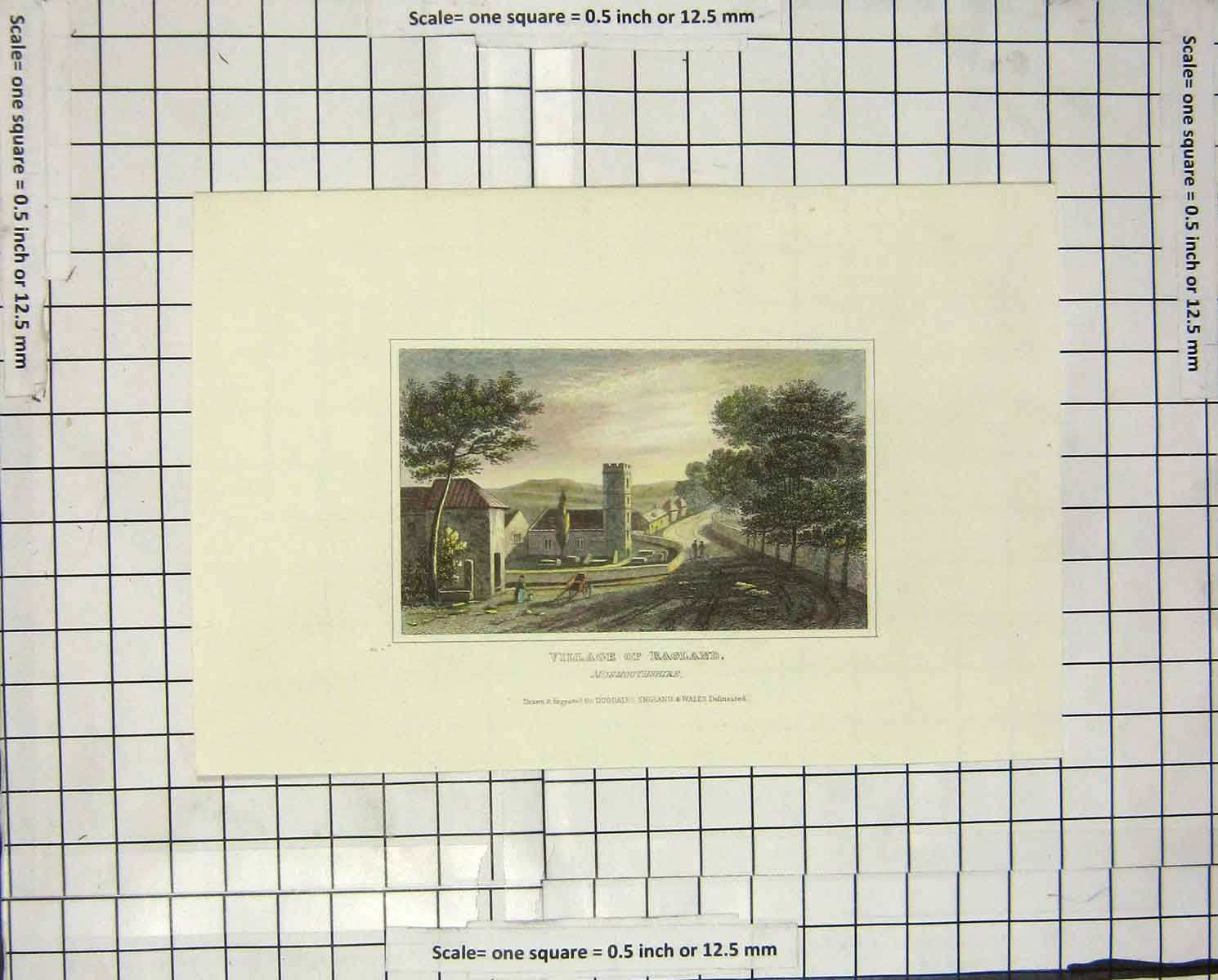Original Old Antique Print Dugdales View Village Ragland Monmouthshire