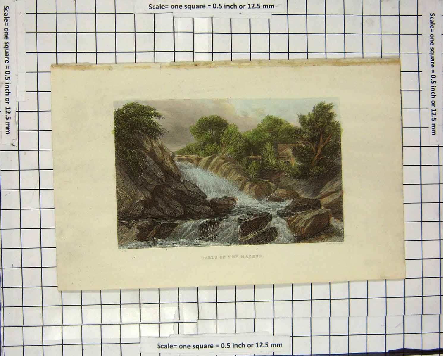 Original Old Antique Print Colour Falls Maceno River Trees Radclyffe