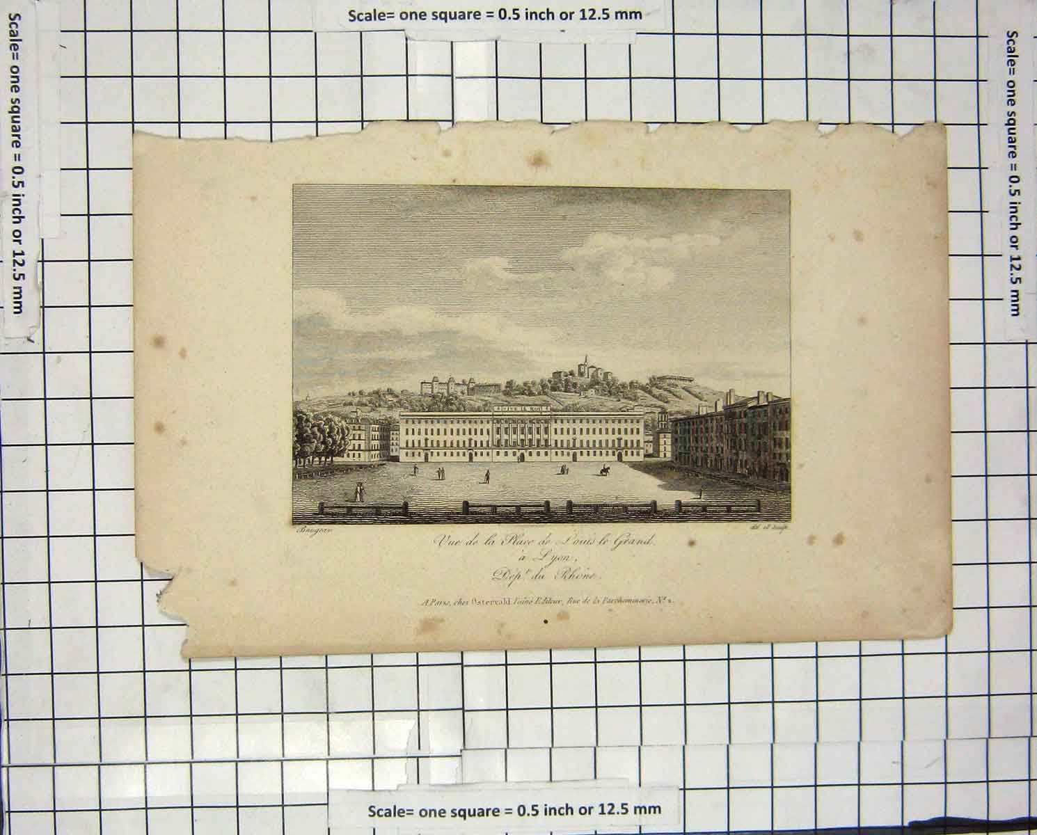 Original Old Antique Print Vue Place Louis Grand Lyon France Architecture Rhone