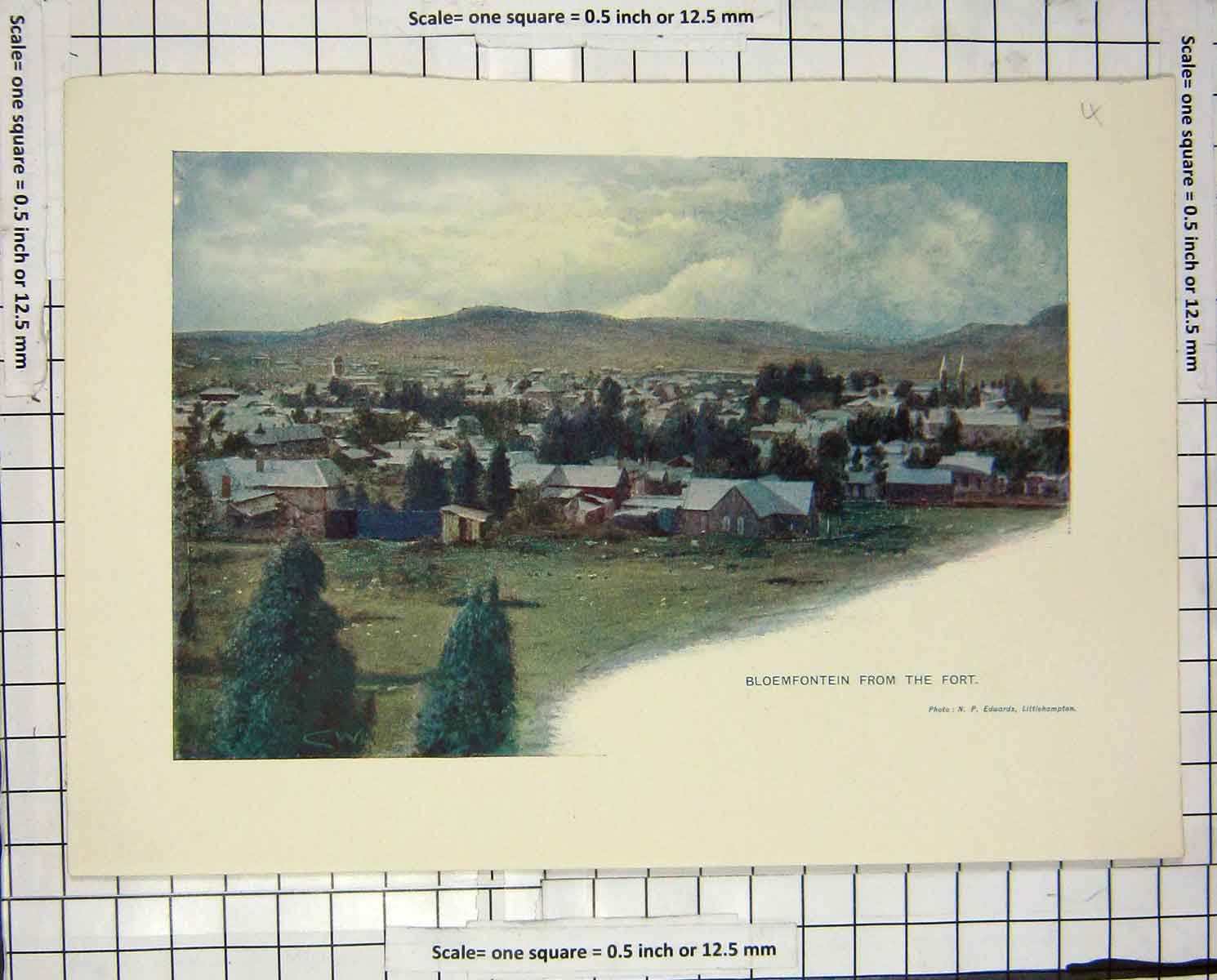Original Old Antique Print Edwards Colour Bloemfontein Town Fort