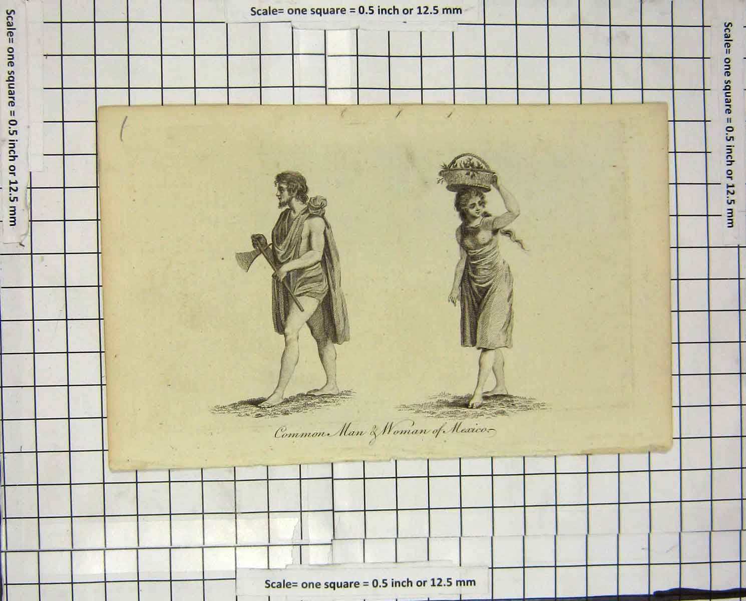 Original Old Antique Print Portrait Common Man Woman Mexico America