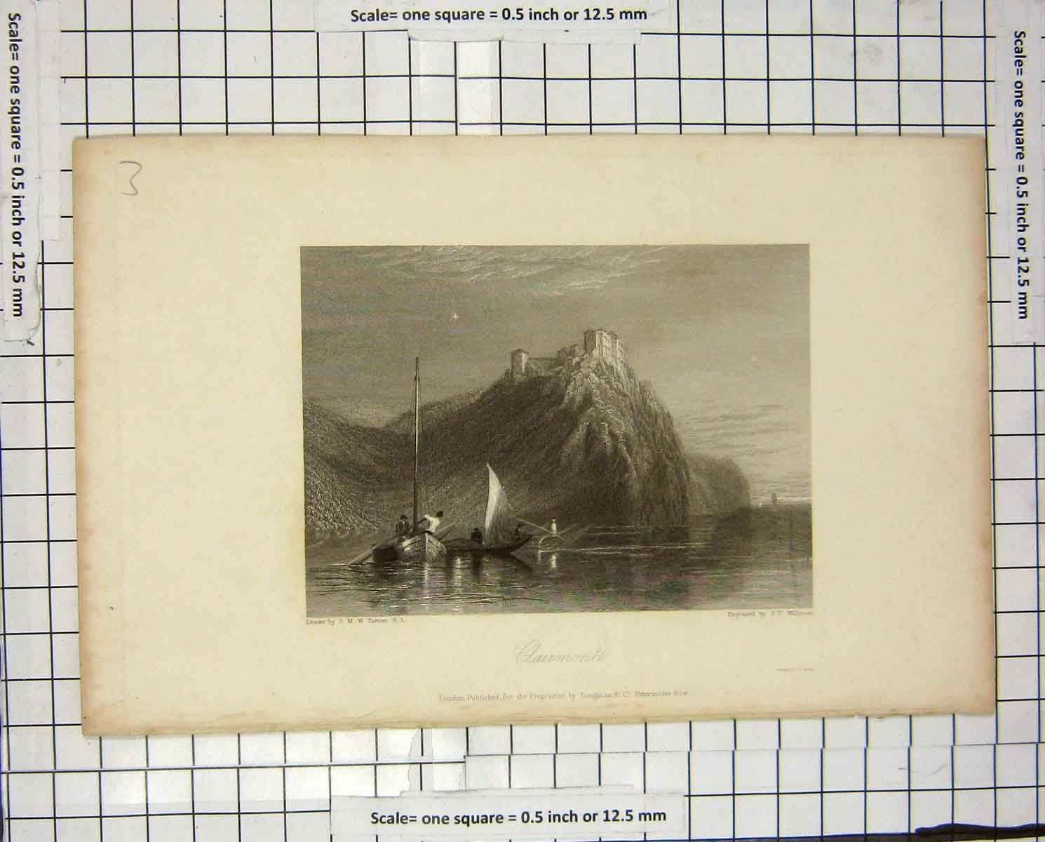 Original Old Antique Print Turner Willmore Engraving View Claimont Castle Boats
