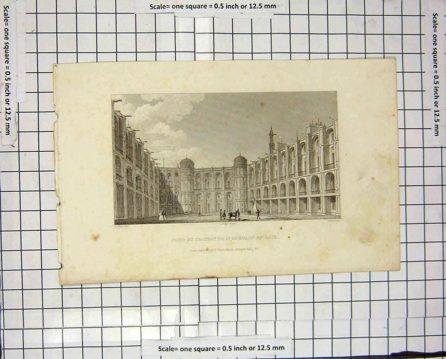 Old Antique Print 1830 Nash Engravig Cour Chateau De St. Germain-En-Laie 19th