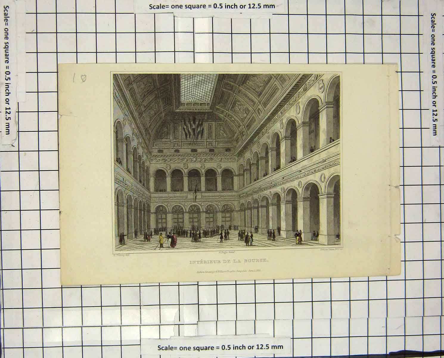 Old Antique Print 1831 Pugin Engraving Interieur La Bourse Architecture 19th