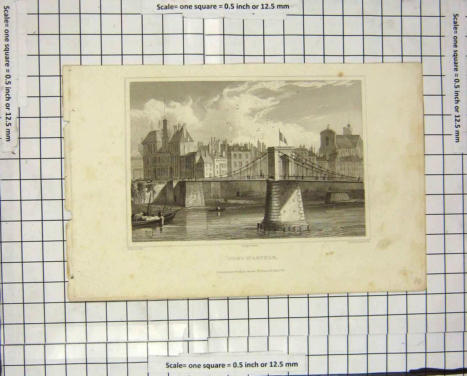 Old Antique Print 1837 Pugin Engraving Pont D'Arcole River Bridge Fenner 19th