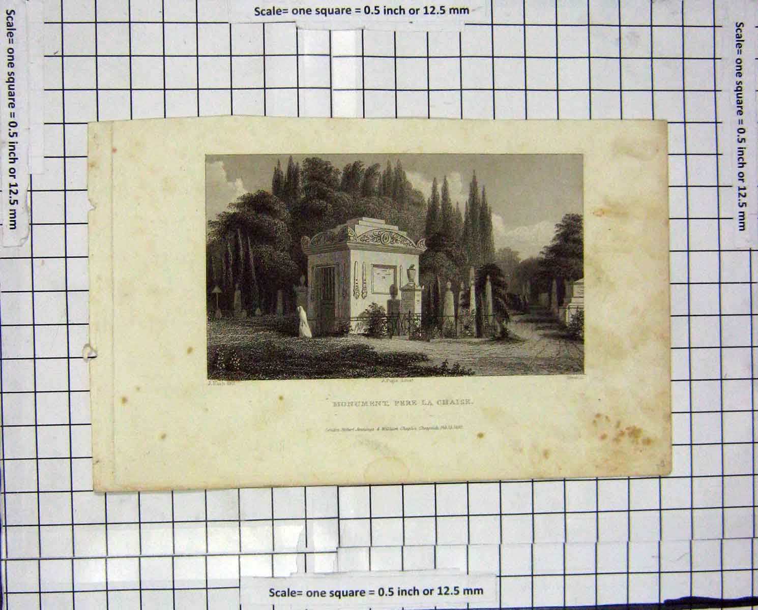 Original Old Antique Print 1830 Pugin Nash Engraving Monument Pere La Chaise