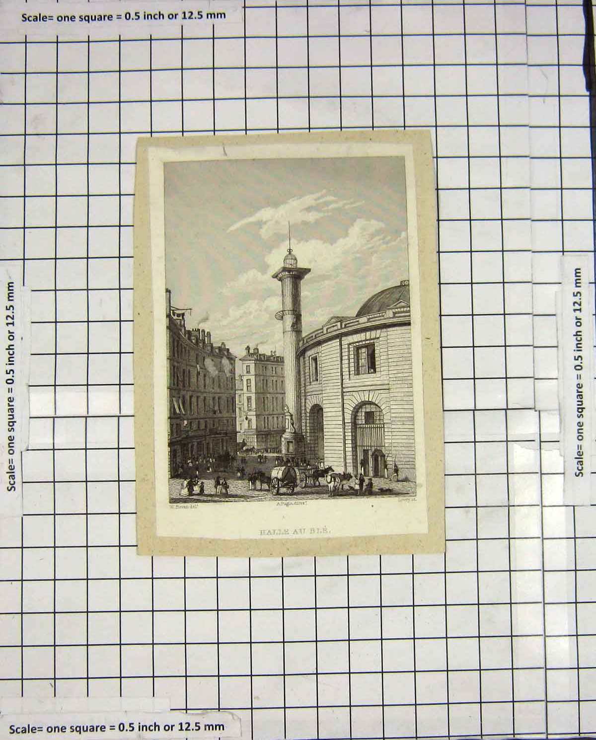 Original Old Antique Print Pugin Engraving Halle Au Ble Architecture Lowry