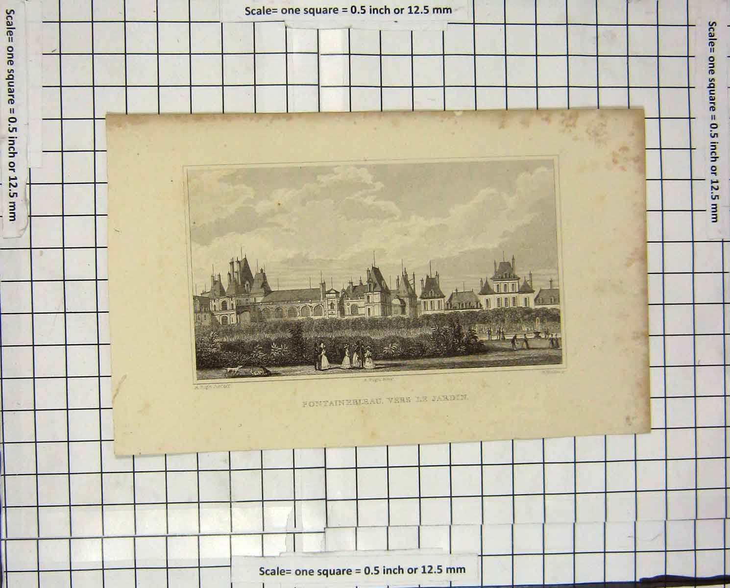 Original Old Antique Print Pugin Winkles Engraving Fontainebleau Vers Jardin