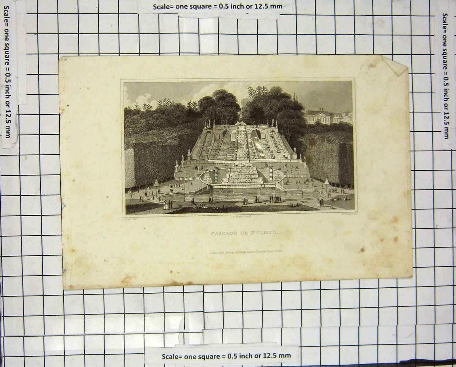 Original Old Antique Print Pugin Winkles Engraving Cascade De St. Cloud France