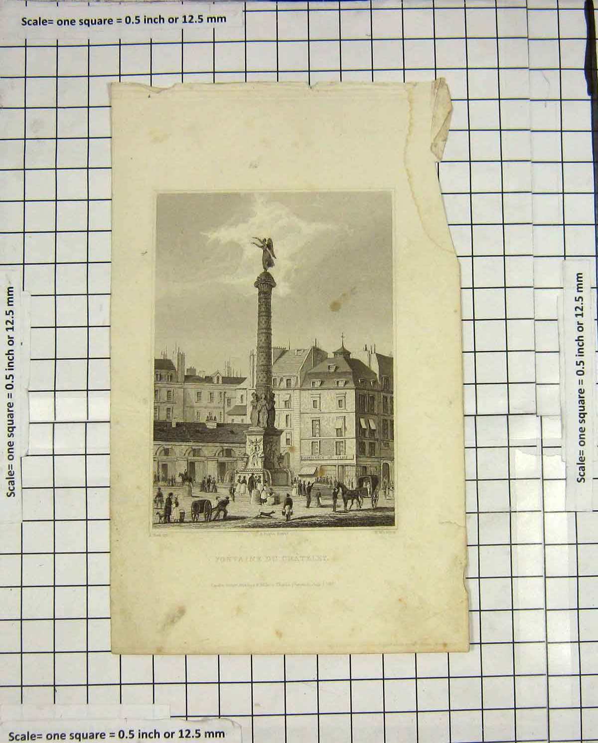 Old Antique Print 1830 Pugin Winkles Engraving Fontain Du Chatelet Statue 19th