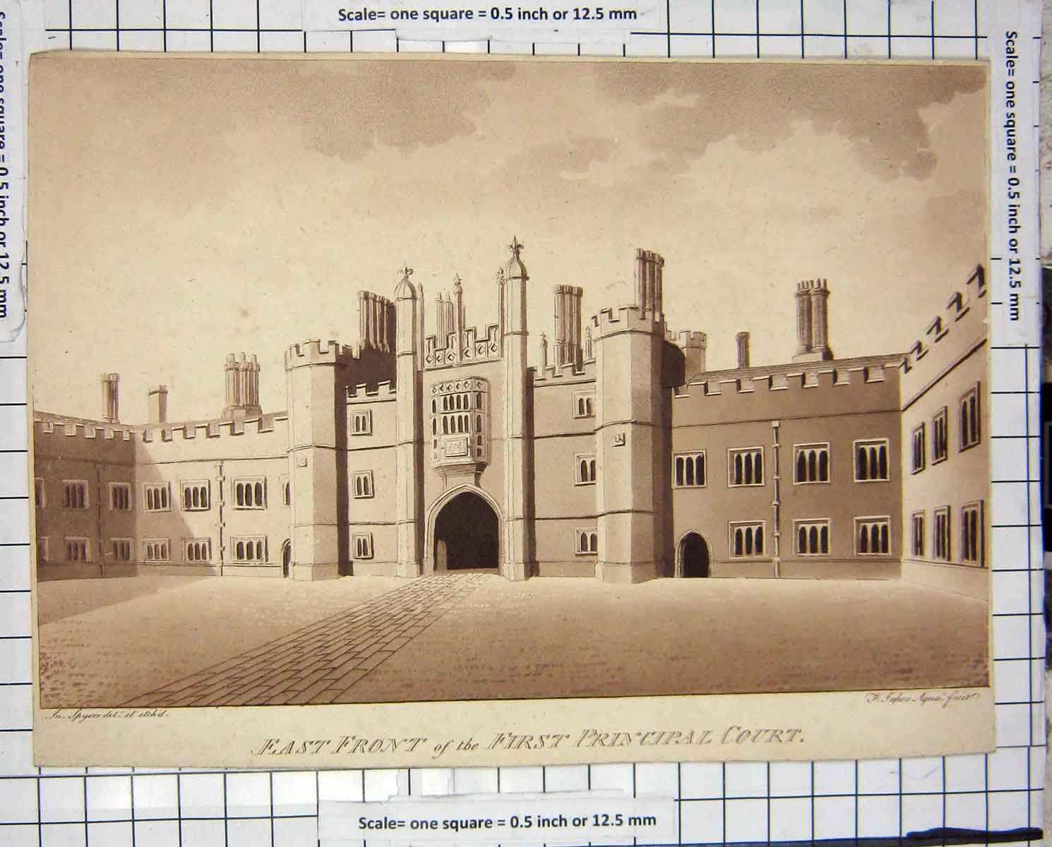 Old Antique Print East Front First Principal Court Architecture Building
