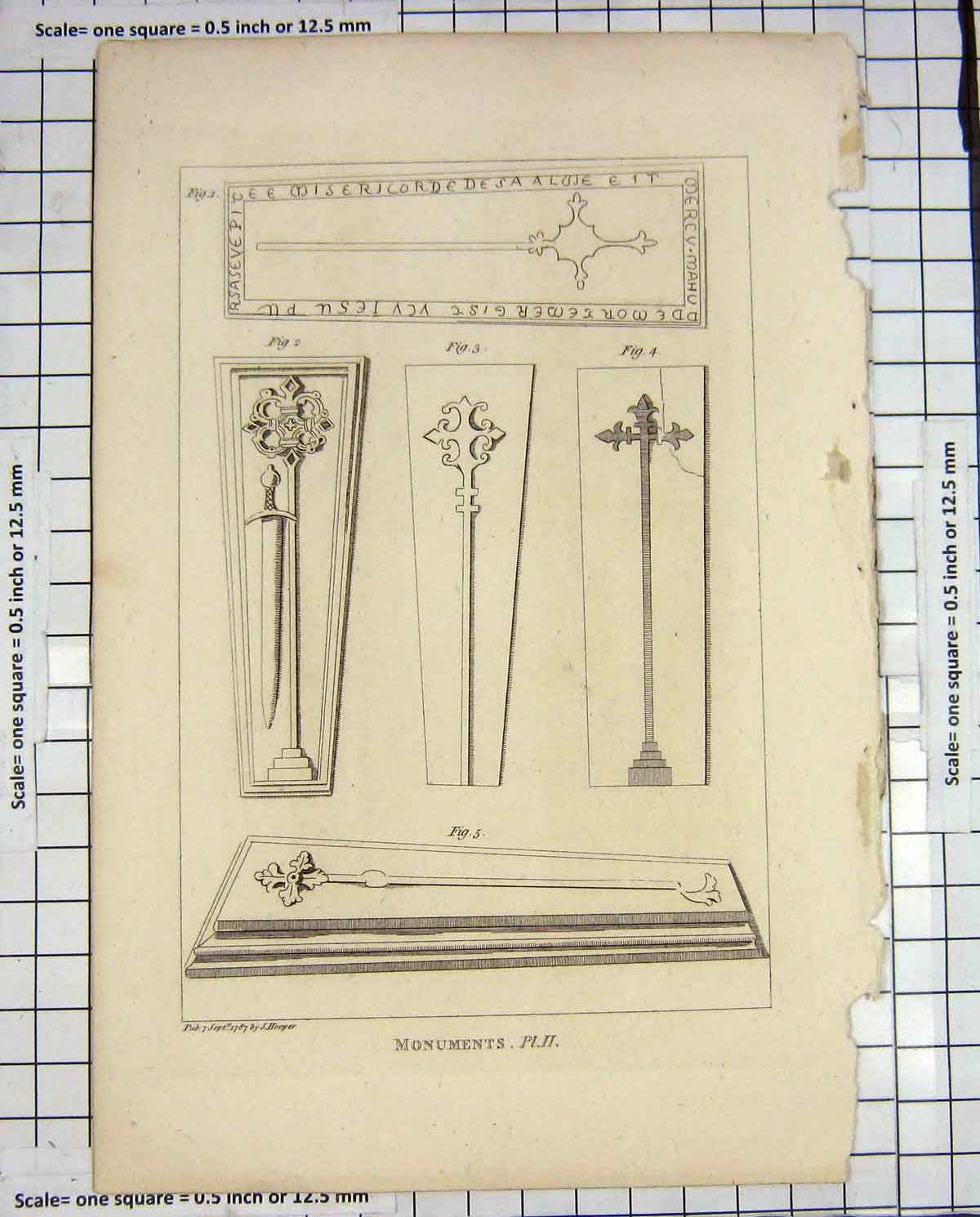 Original Old Antique Print Monuments Hooper 1787 Crosses 18th Century