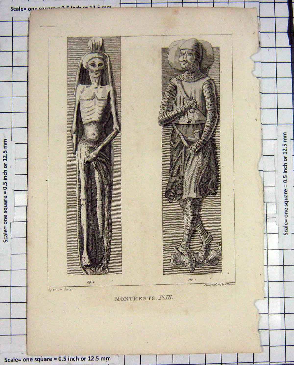 Original Old Antique Print Psparrow Engraving Hooper 1787 Monuments Statues