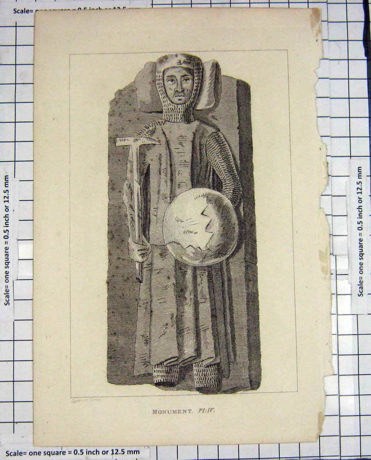 Original Old Antique Print Sparrow Engraving Monument Statue Man Armour