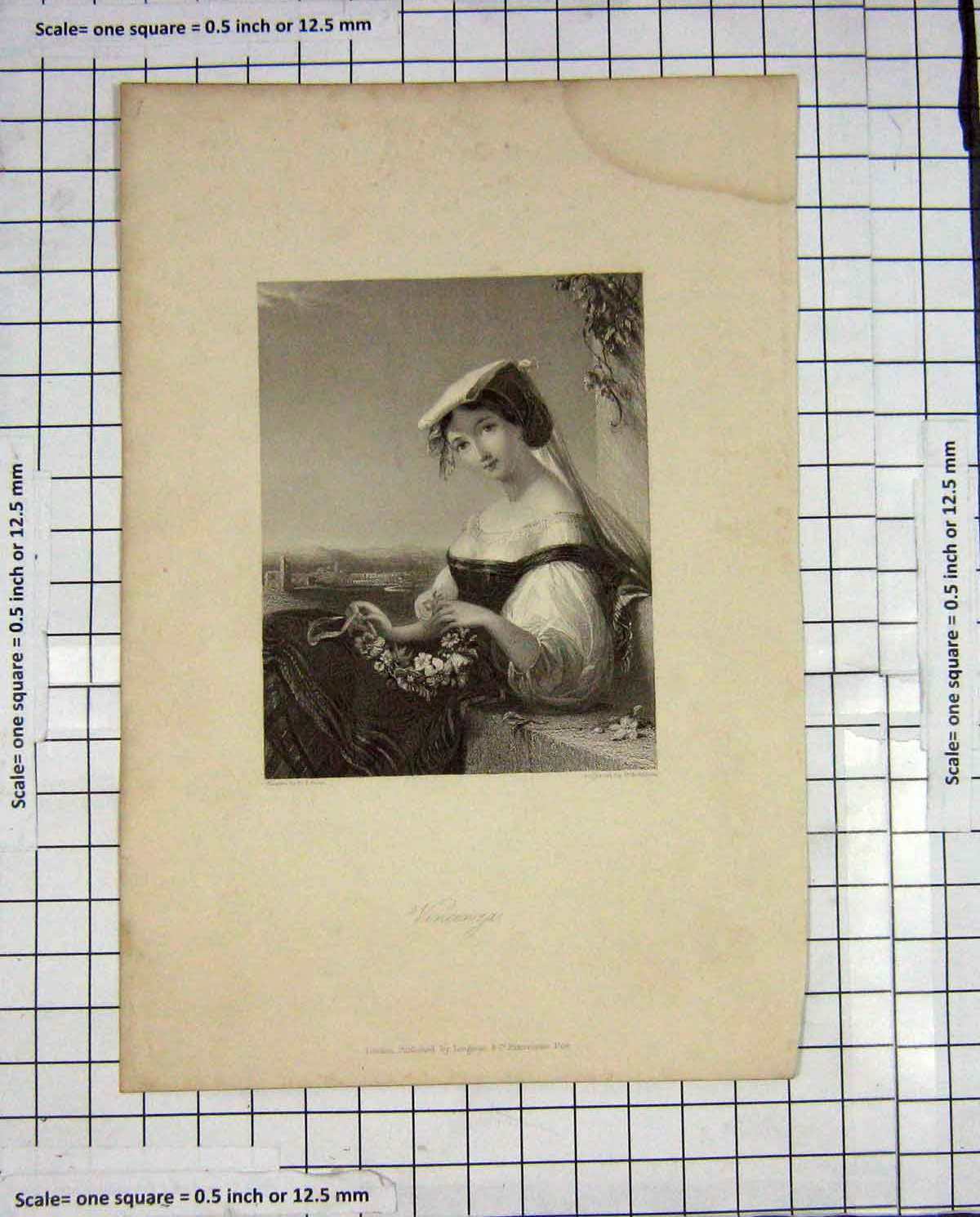Original Old Antique Print Robinson Engraving Portrait Beautiful Vincenza