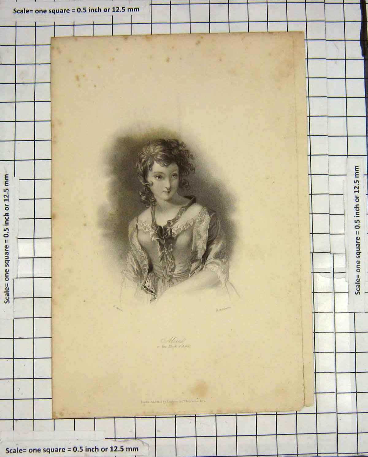 Original Old Antique Print Robinson Engraving Portrait Black Riband Alice Girl