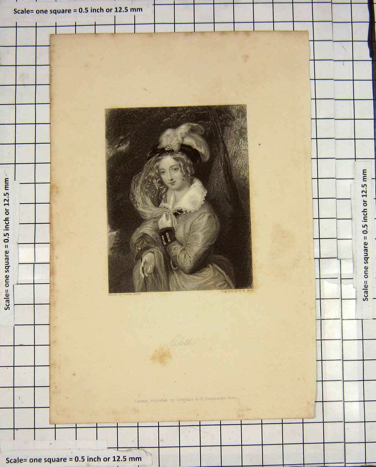 Original Old Antique Print Mote Engraving Portrait Edith Beautiful Girl Lady