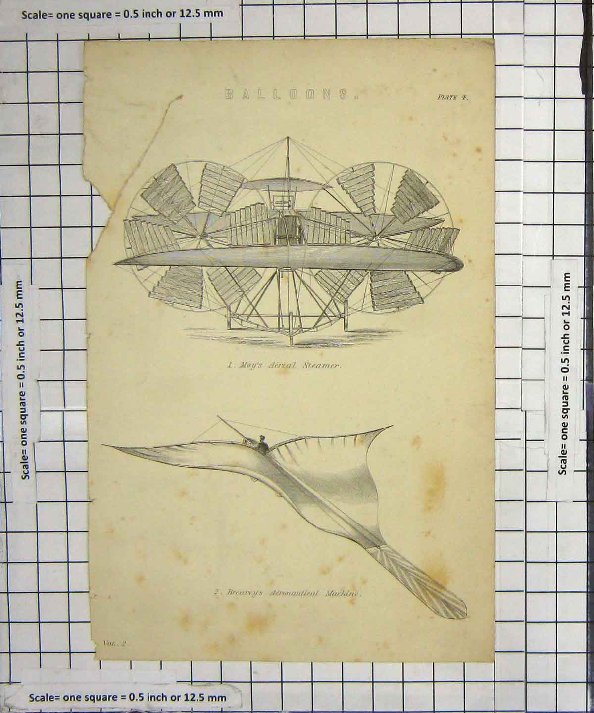 Original Old Antique Print C1880 Balloons Moy Aerial Steamer Brearey Damaged
