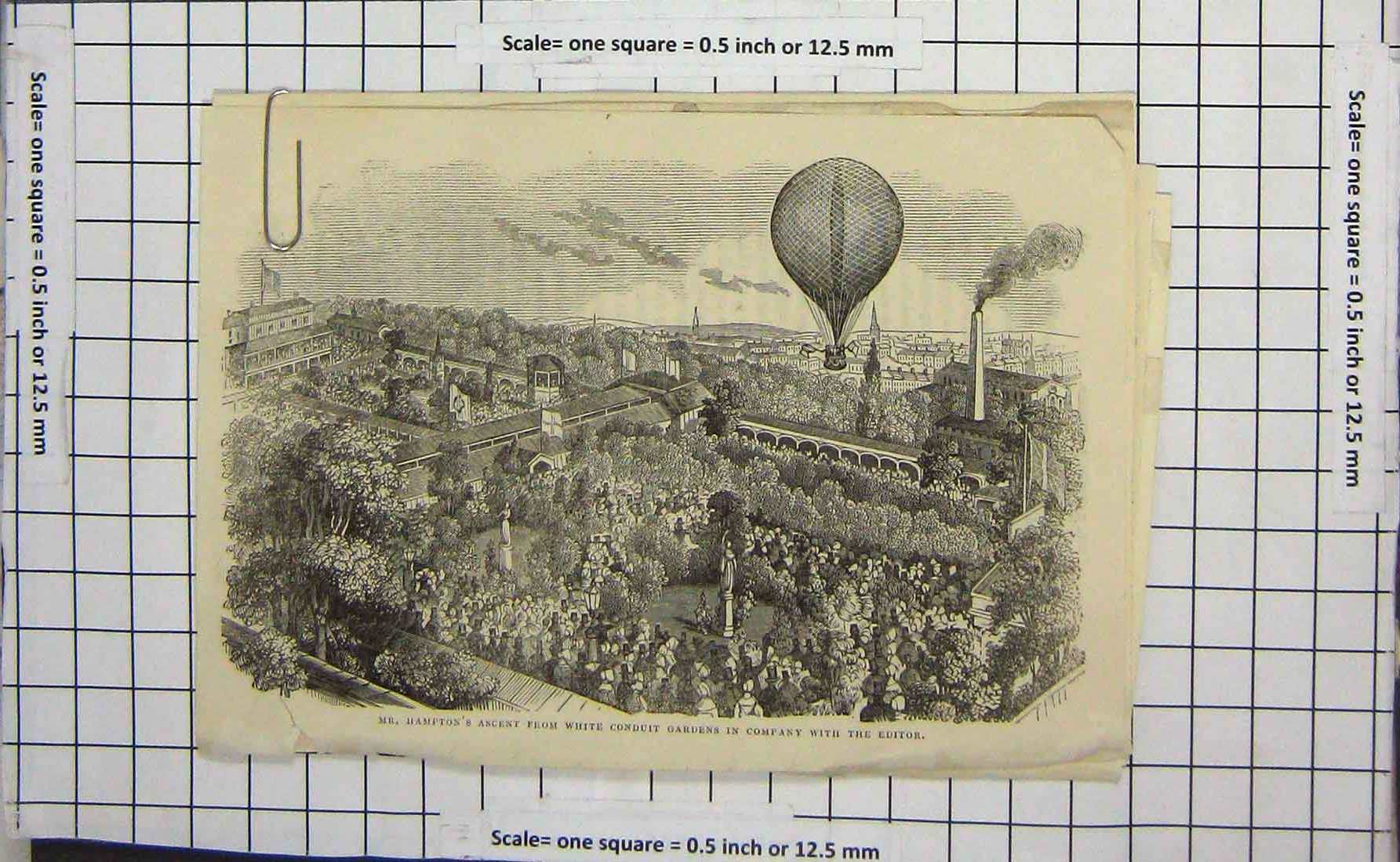 Original Old Antique Print C1880 Hampton Ascent Hot Air Balloon Conduit Gardens