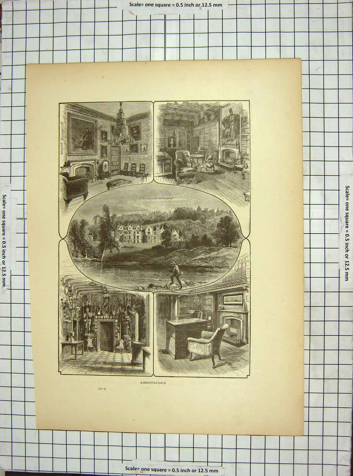 Original Old Antique Print C1880 View Abbotsford Man Fishing House Victorian