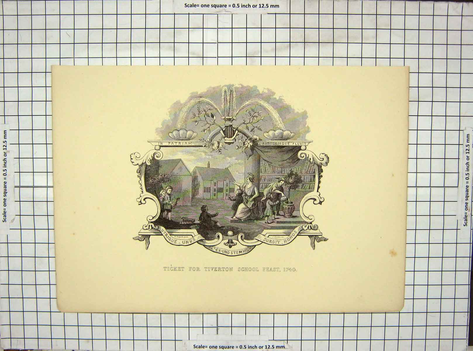 Original Old Antique Print *3911 1740 Ticket Tiverton School Feast
