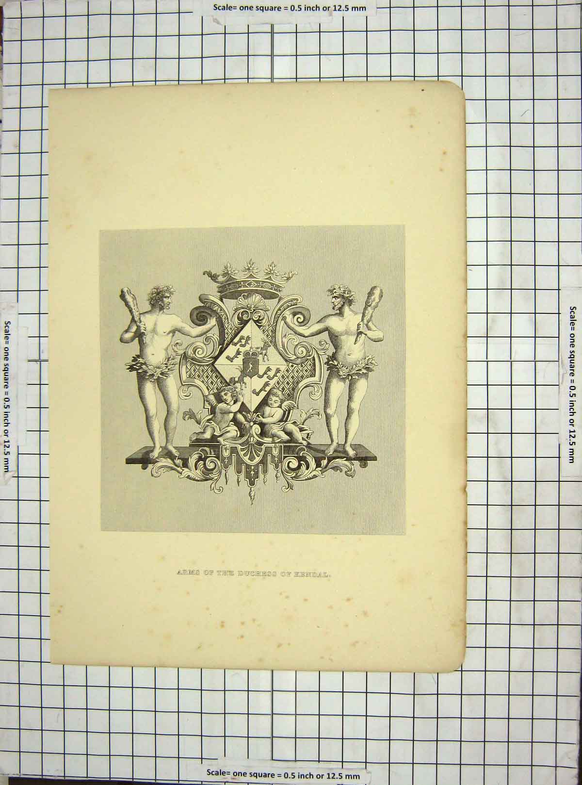 Original Old Antique Print C1880 Arms Duchess Kendal Men Cherubs 19th