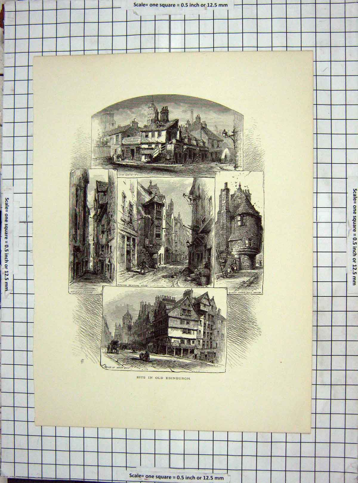 Original Old Antique Print C1880 Edinburgh Scotland Cow Gate Foot Beatons House