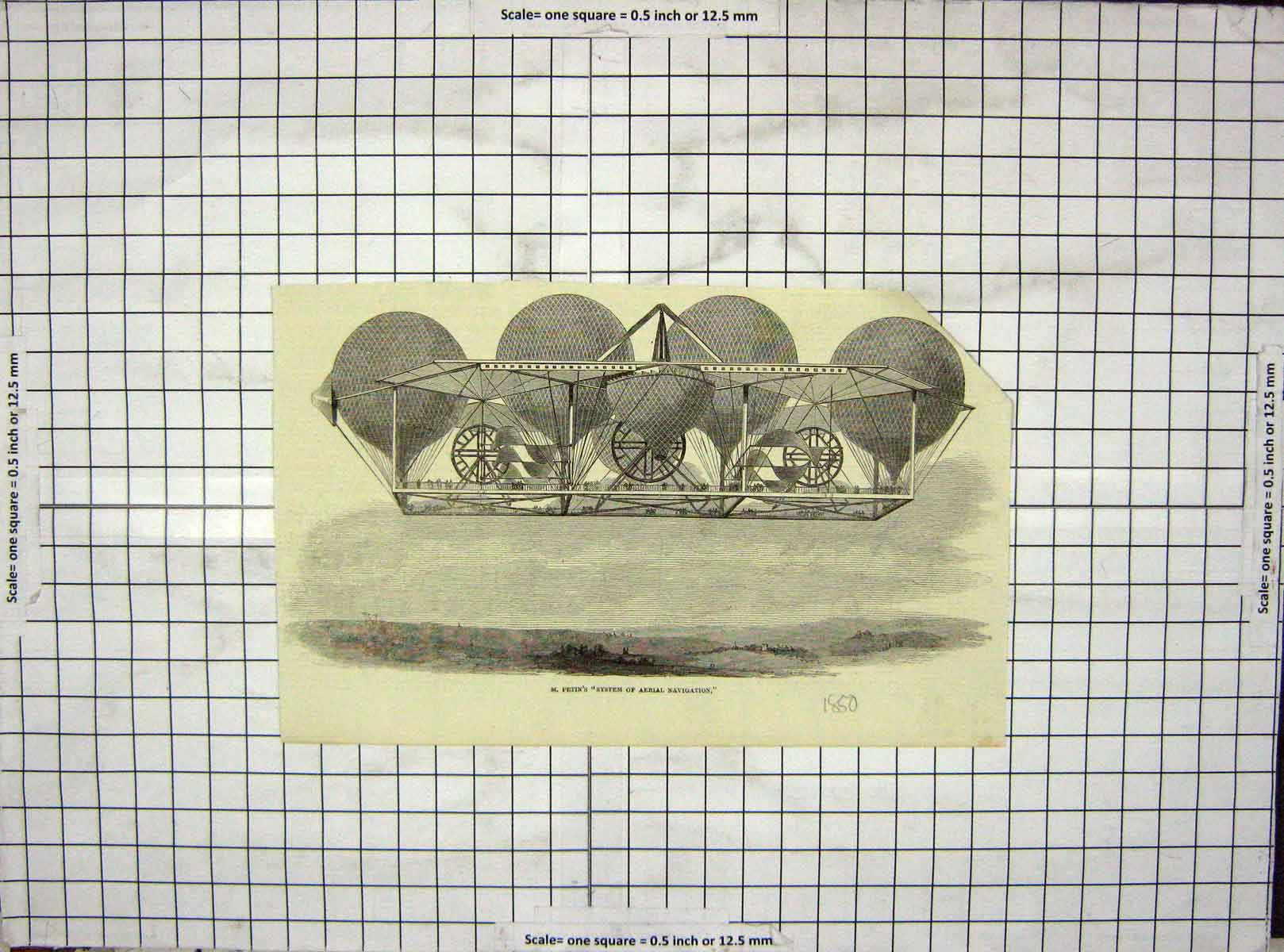 Original Old Antique Print 1850 Mr Petin System Aerial Navigation Transport