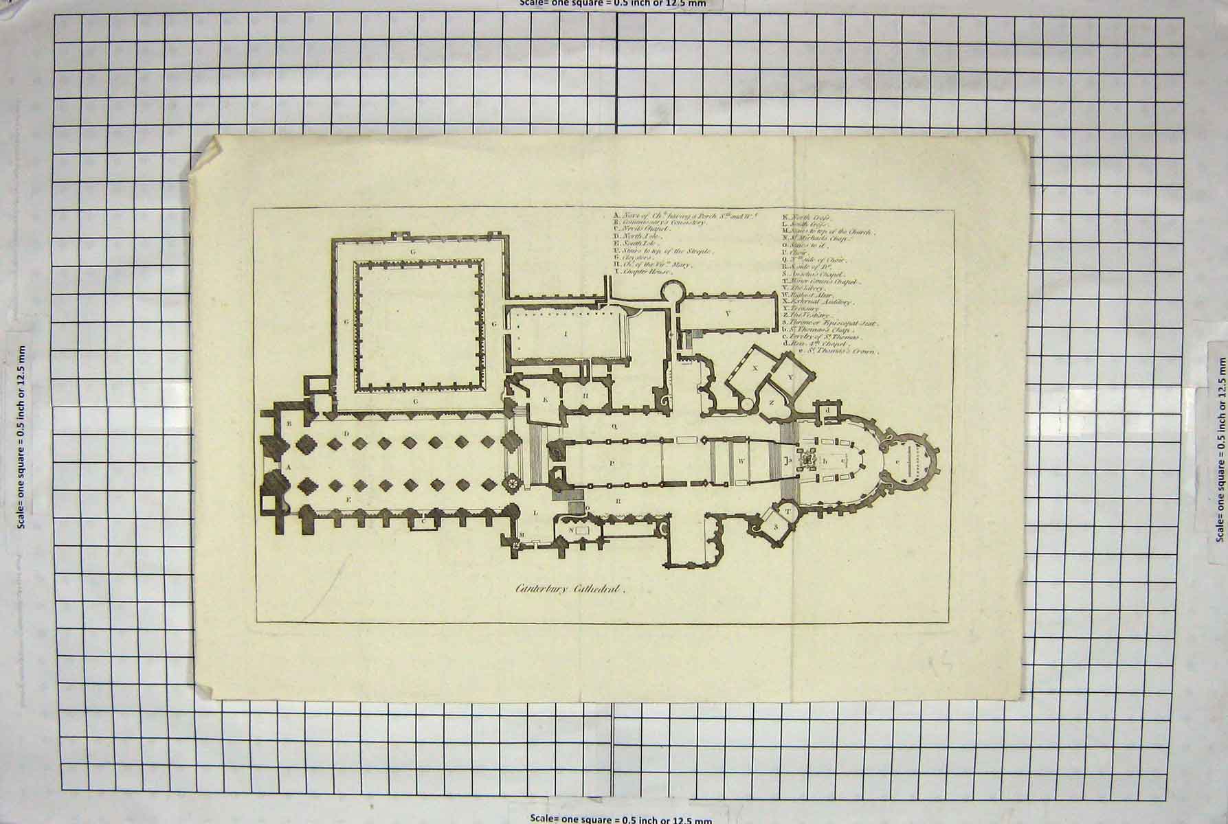 Original Old Antique Print Plan Canterbury Cathedral Chapel