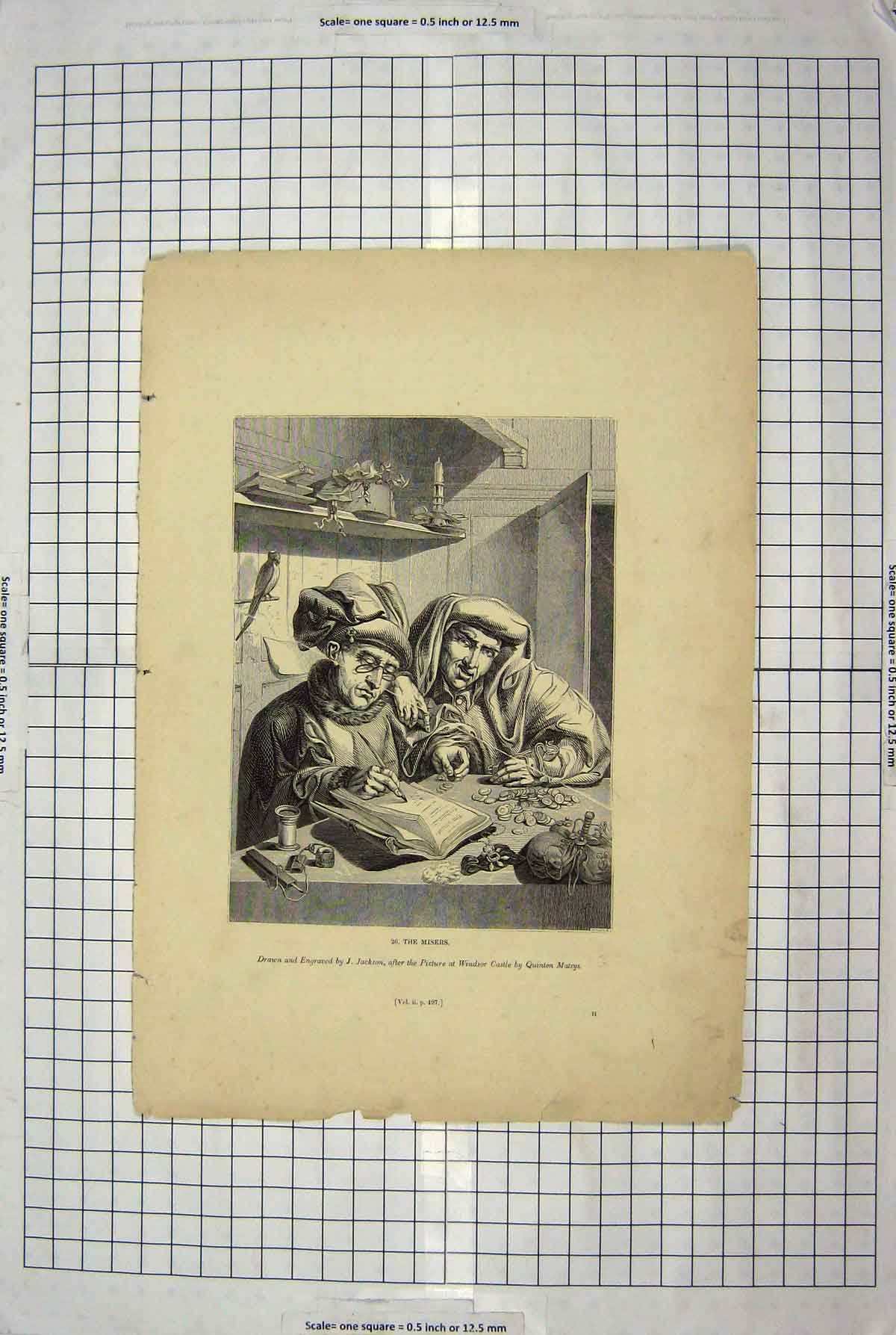 Original Old Antique Print Scene Misers Engraving Jackson Matsys
