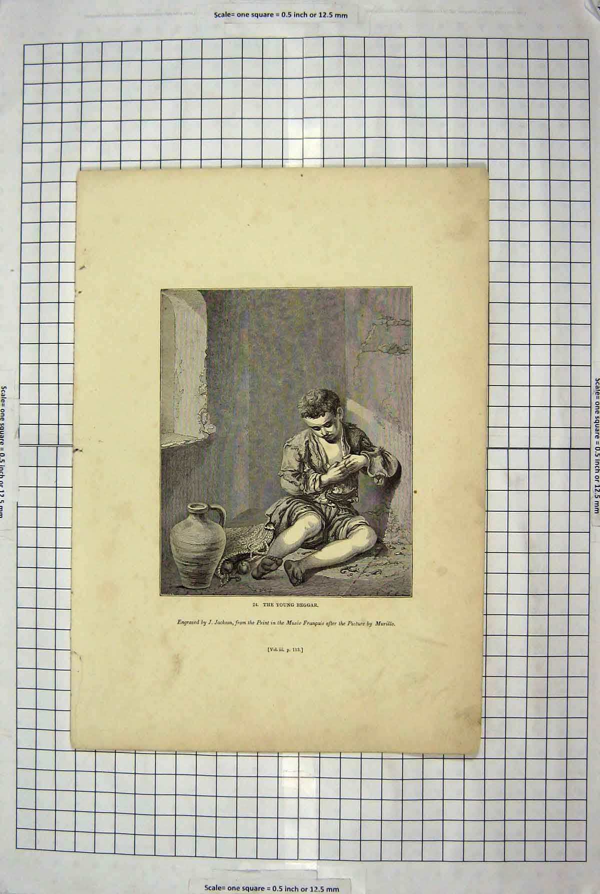 Original Old Antique Print Jackson Engraving Young Beggar Murillo