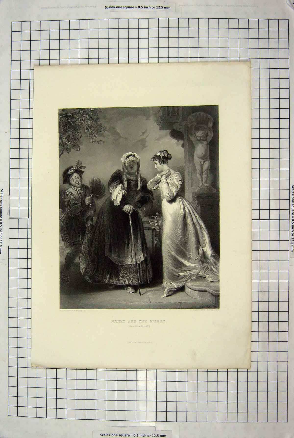 Original Old Antique Print Engraving Briggs Sangster Romeo Juliet Nurse Theatre