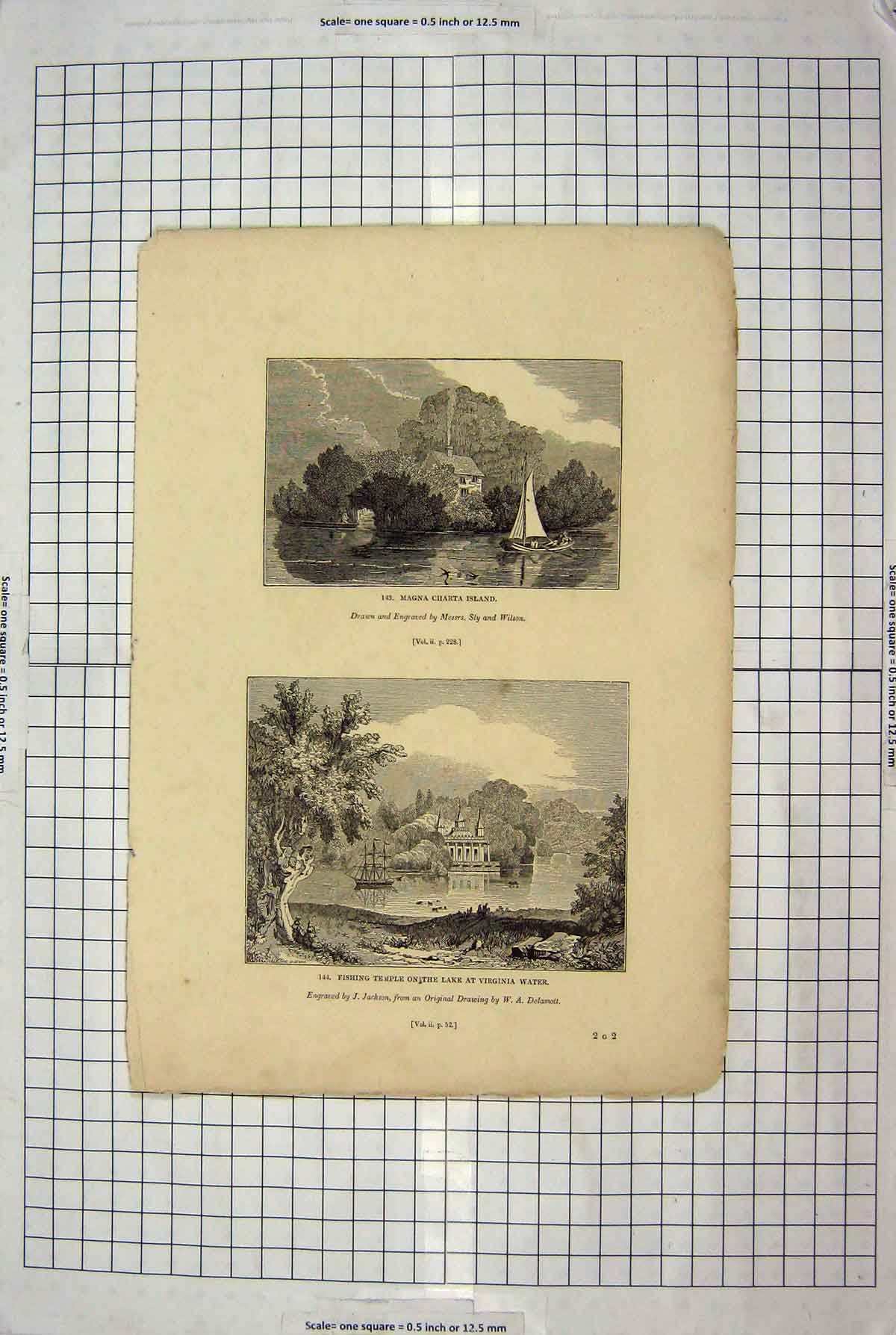 Old Antique Print Magna Charta Island Fishing Temple Lake Virginia Water