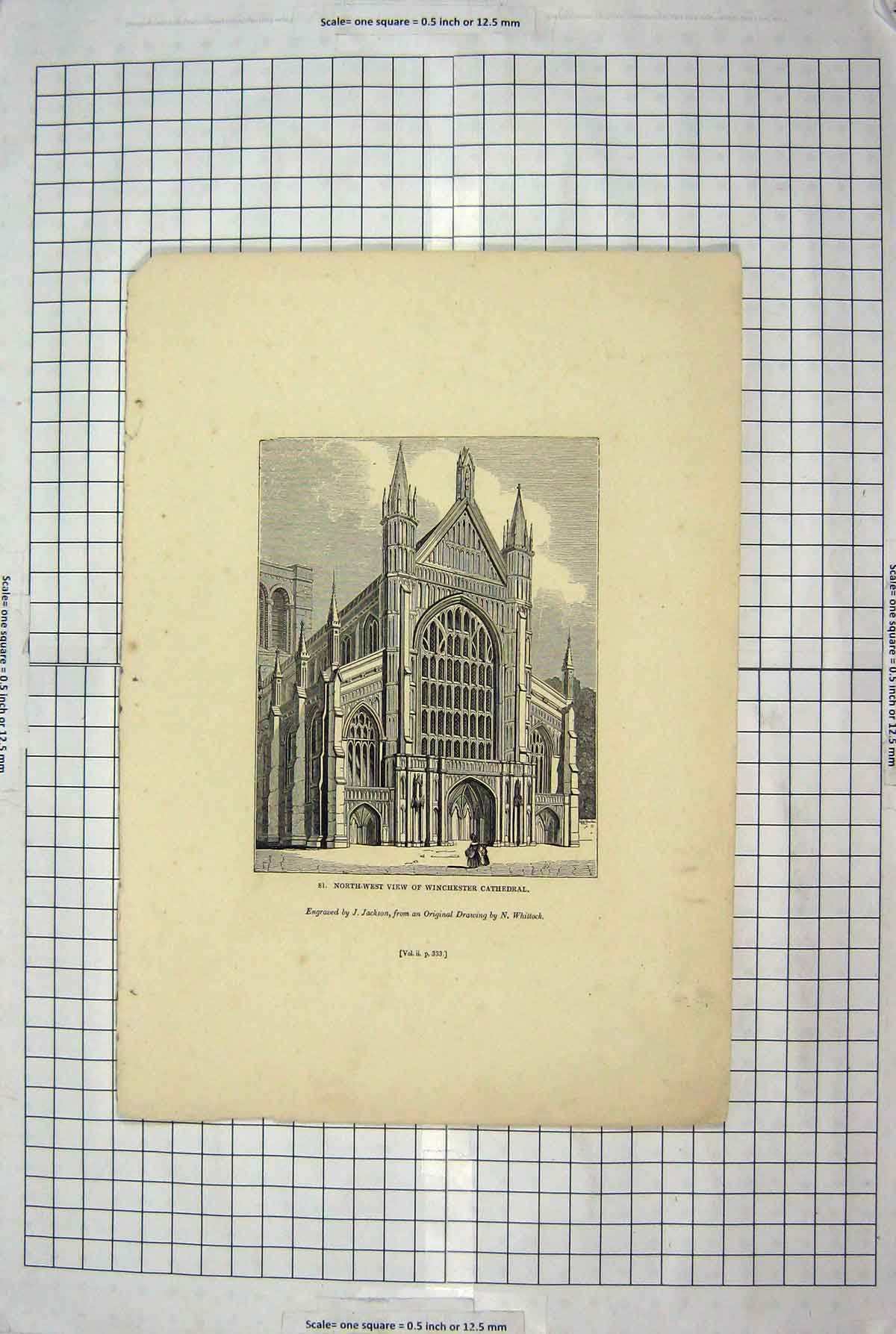 Original Old Antique Print Jackson Engraving View Winchester Cathedral Church