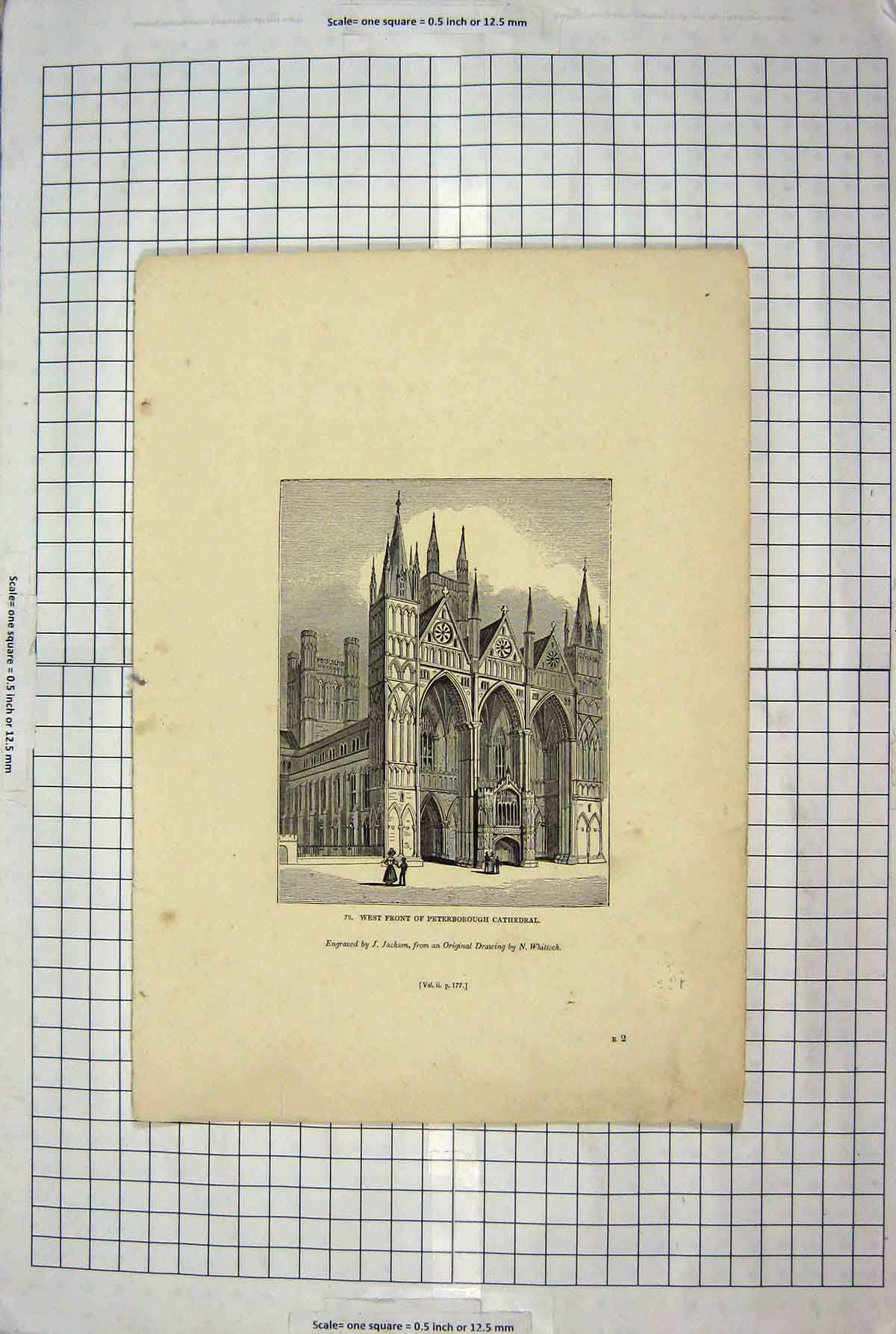 Original Old Antique Print Jackson Engraving Peterborough Cathedral Church