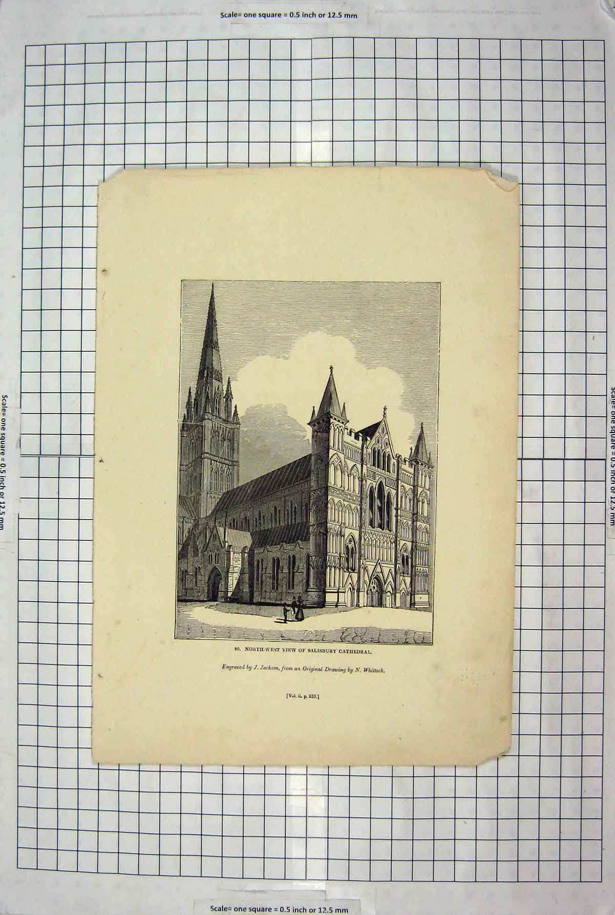Original Old Antique Print Jackson Engraving Salisbury Cathedral Architecture