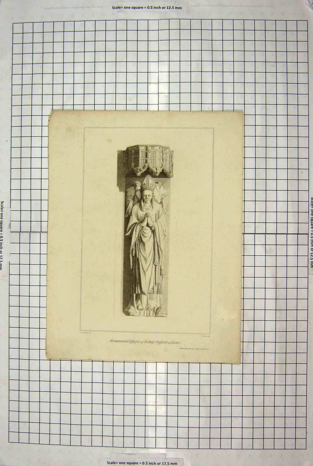Original Old Antique Print Monumental Effigies Bishop Stafford Exeter England