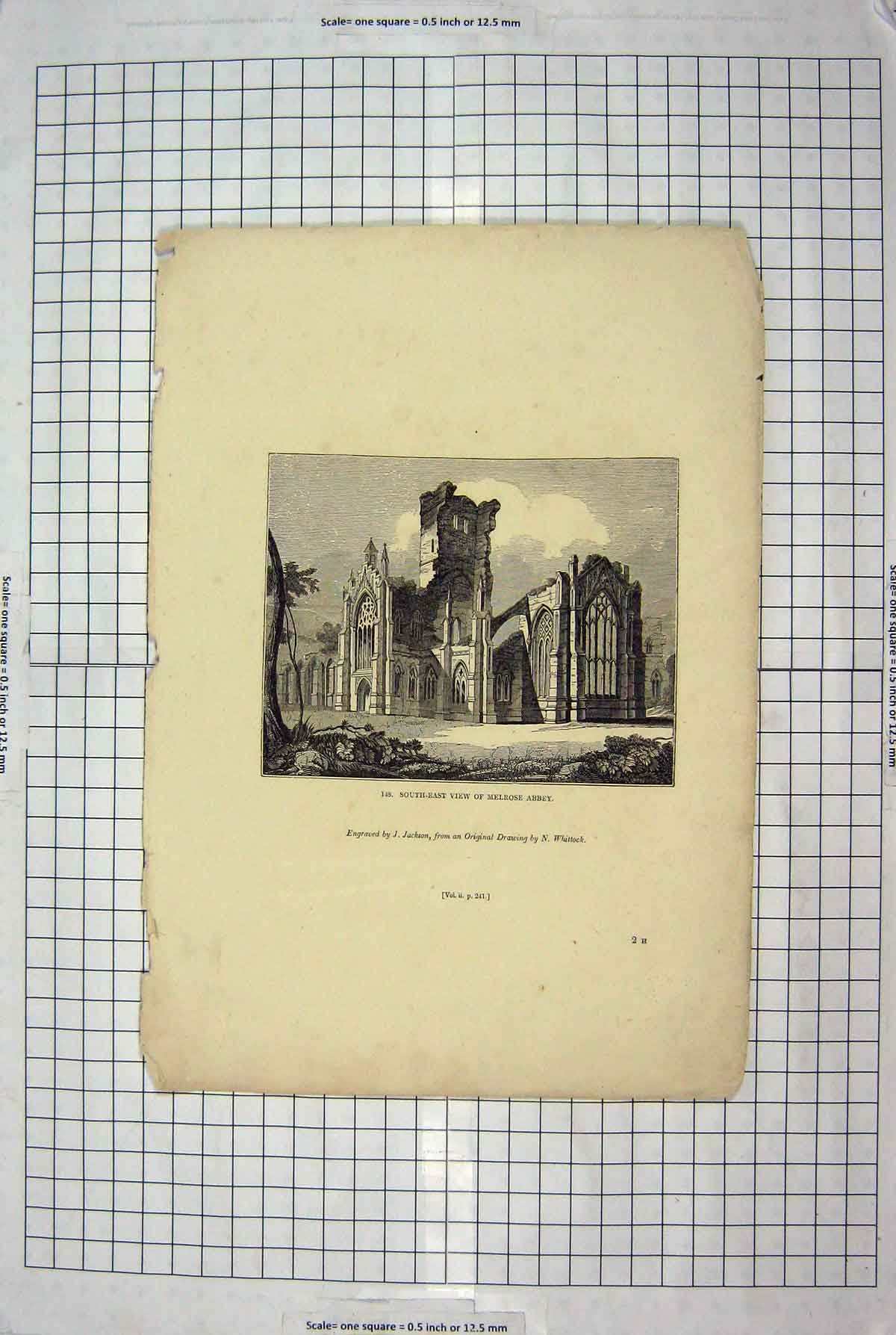 Original Old Antique Print Jackson Engraving View Melrose Abbey Architecture