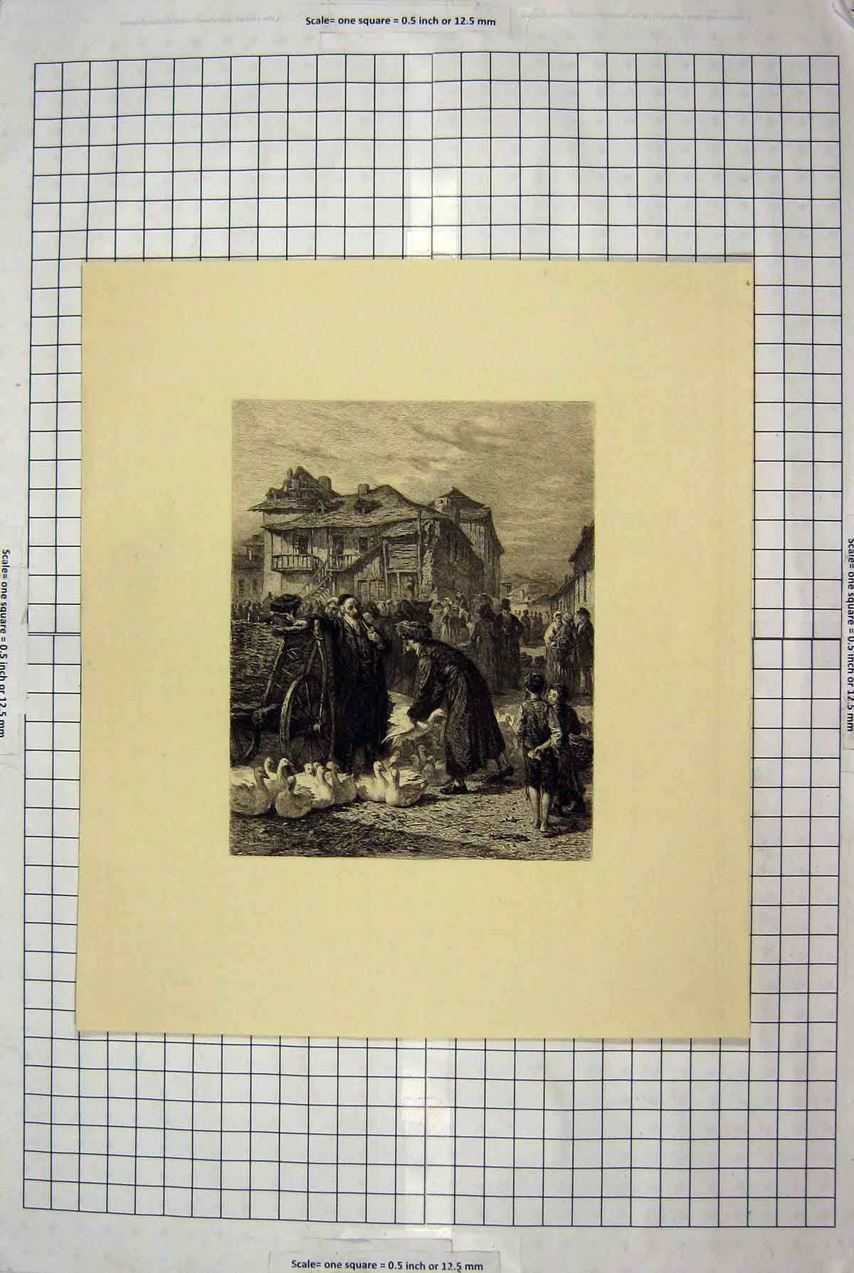 Original Old Antique Print Market Scene Geese Street Sellers