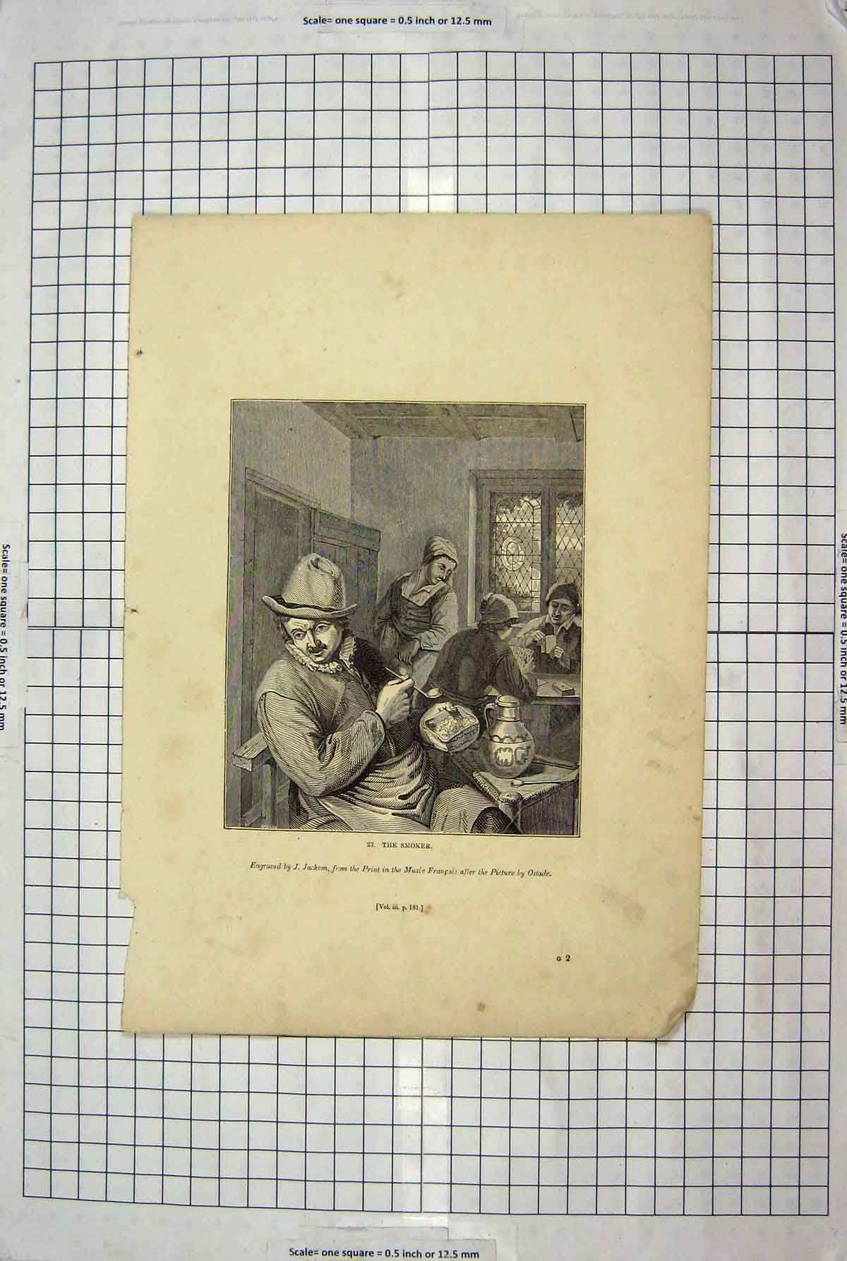 Original Old Antique Print Jackson Engraving Smoker Man Playing Cards