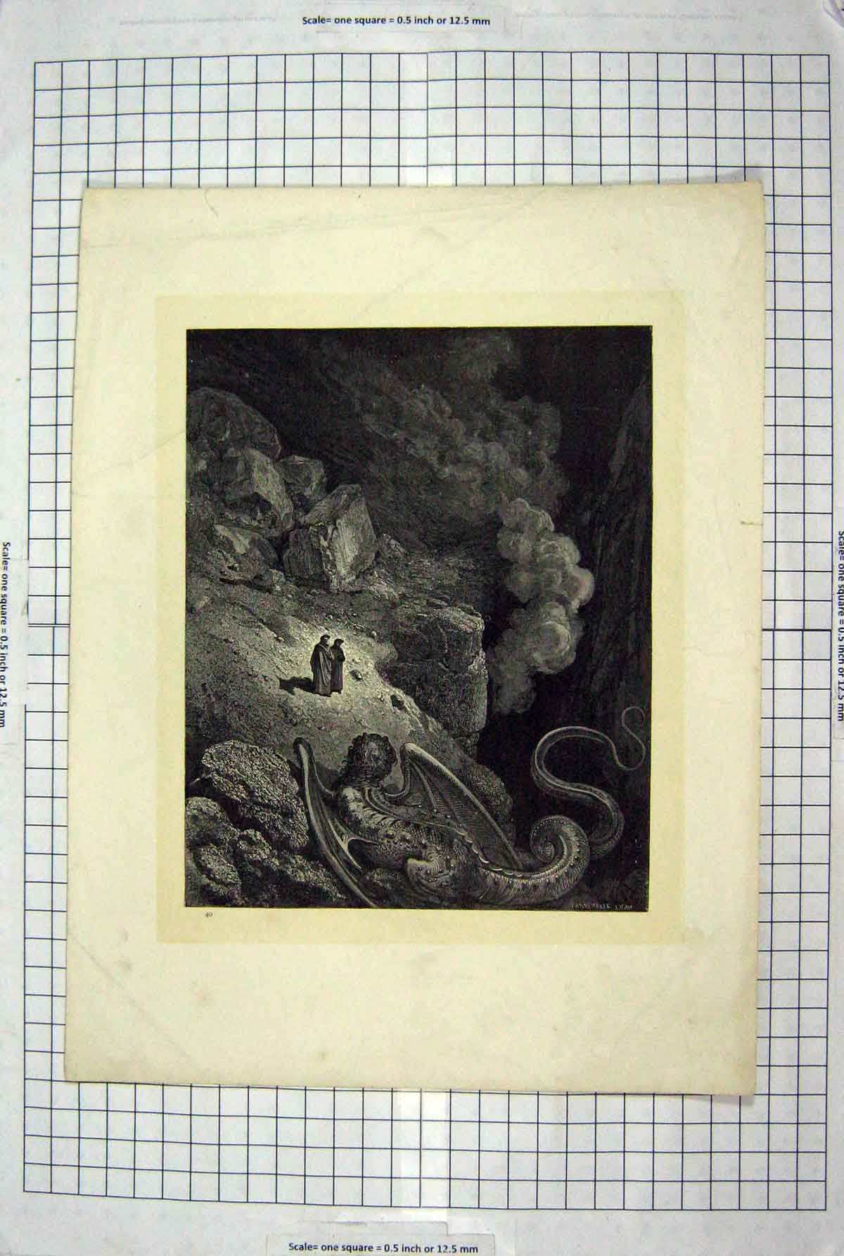 Original Old Antique Print C1880 Pannemaker Fine Art Serpent Smoke Mountains