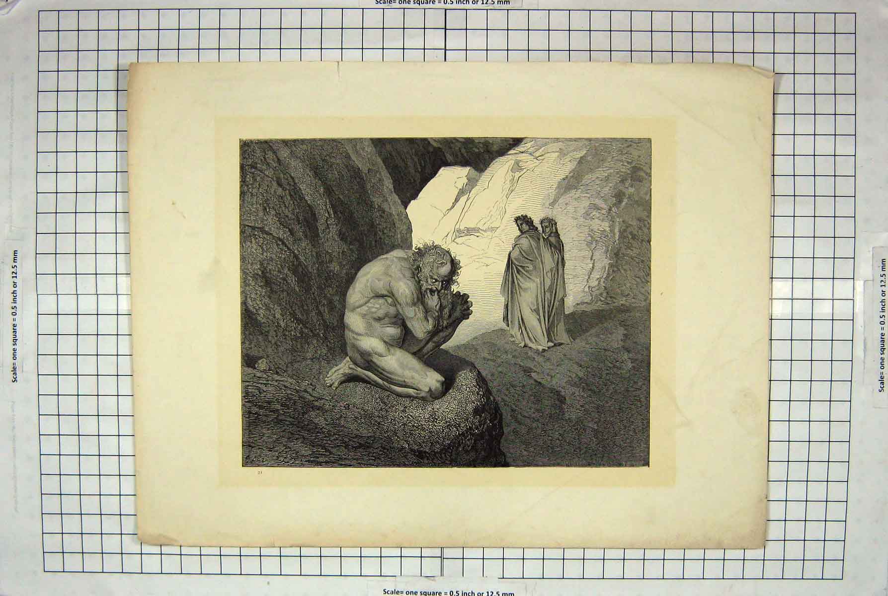 Original Old Antique Print Rannemaker Religion Nakes Man Mountains Crown